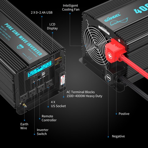 GIANDEL Inversor Onda Sinusoidal Pura 4000W DC12V a AC110V 120V con Pantalla LCD - Imagen 7 de 8