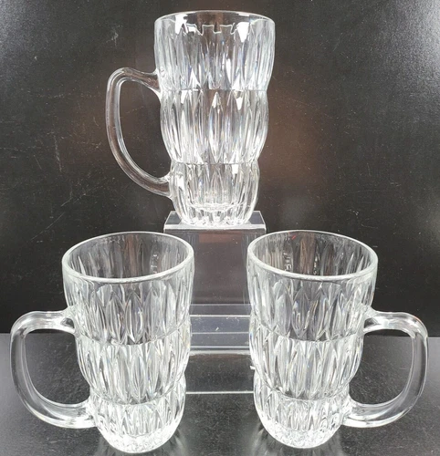 3 Mikasa Royal Suite Mugs Set Elegant Clear Cut Etch Ribbed Handled Glasses Lot