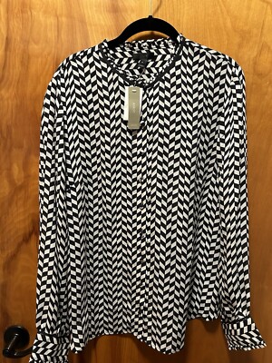 J Crew Ruffle 100% Silk Button-Up Blouse Black & White Geometric Size 16 NWT