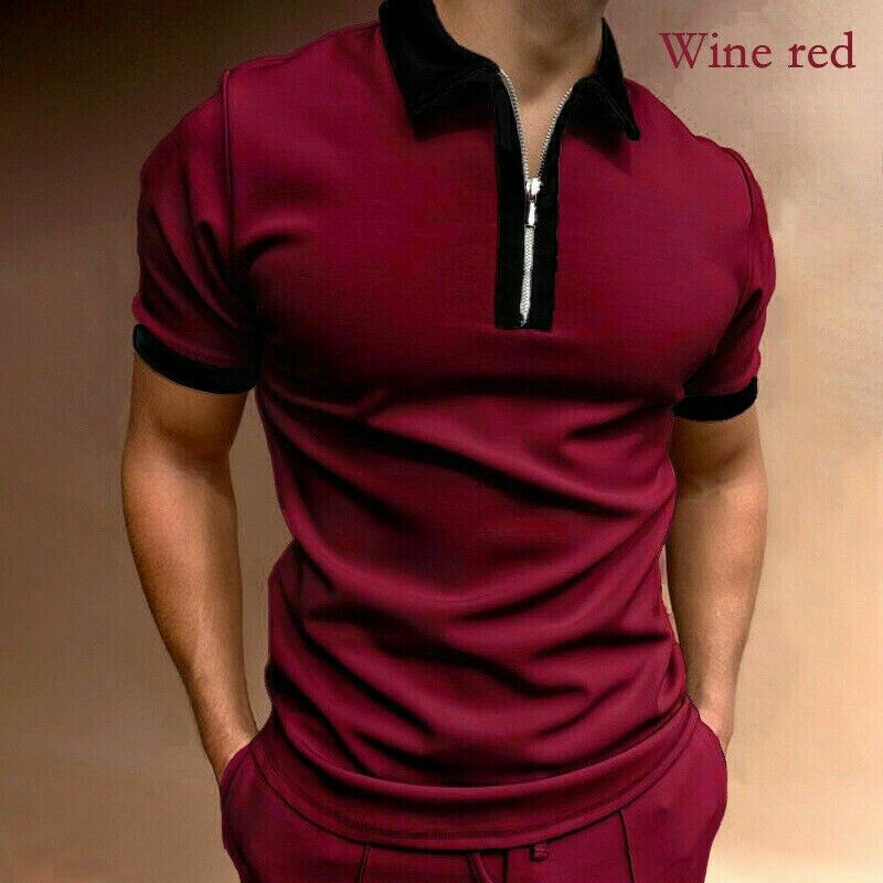 Polo T Shirt Men Zipper Collar 2 Tone Burgundy Red Black Trim Golf Dress Zip Tee