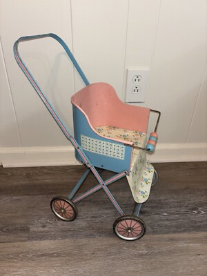 Vintage The World's Ohio Art Best Toys Tin Litho Doll Stroller Pink Blue Floral