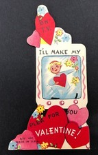 Vtg 50s 60s Valentines Card TV Made in USA Die Cut Ephemera Greeting MCM