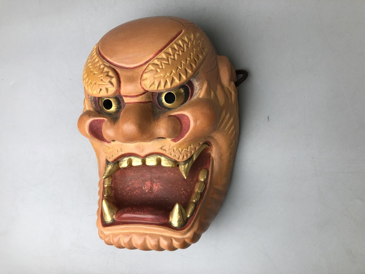 彫刻・オブジェ Wooden Noh Mask Y7373 NOH MASK wood carving Thunder bag signed Japan antique