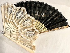 CI 1900 2 fabulous antiques hand painted lace fans.Wood and bone sticks