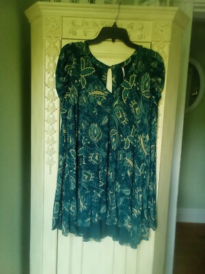 Free People Aqua Blue Baroque Boho Flowy Long Sleeve Top XS
