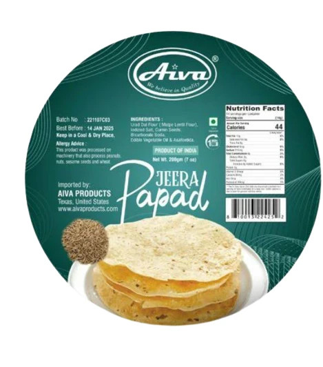 Papád de comino Aiva Pappadums (bocadillo indio de obleas de lentejas)