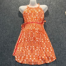 Free People Orange Print Halter Mini Dress XS Boho Festival Beach Sundress