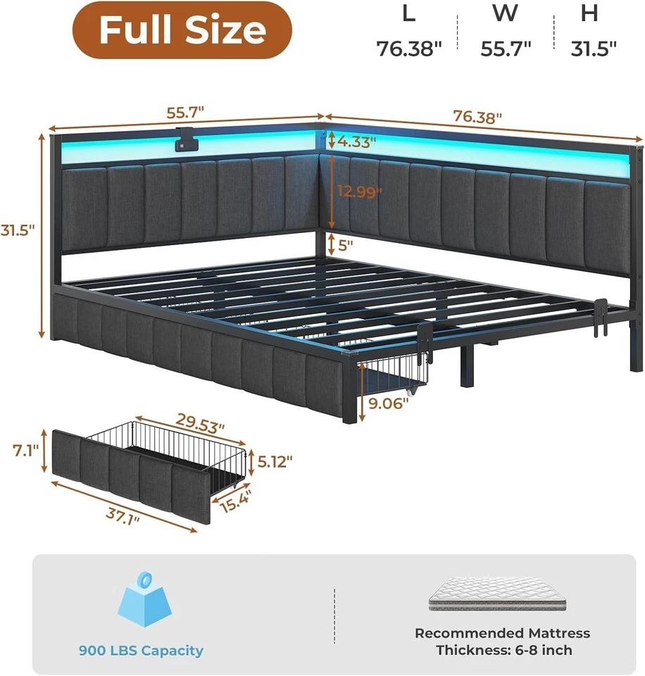 Full Size Corner Bed Frame with Drawers,Charging Station,Led Lights,Metal Daybed - Image 2 of 4