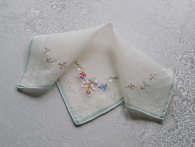 Vintage White Hankie -  Embroidered  Flowers and Hearts 4 Corners 