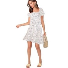 Loft Ivory Cream Black Polka Dot Short Sleeve Flare Mini Dress Womens 4 Tall
