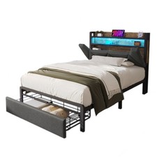 UPHOLSTERED BED 3FT SINGLE BED METAL FRAME WITH STORAGE DRAWER & HEADBOARD, GREY
