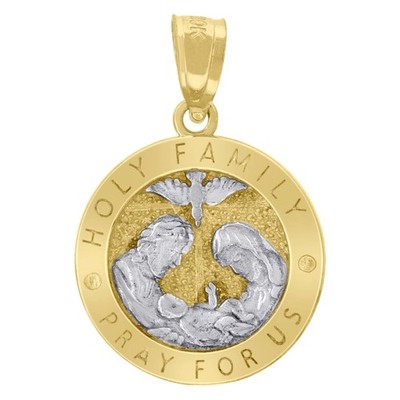 10kt TwoTone Gold Unisex Texture Holy Family Pray For Us Religious Charm Pendant