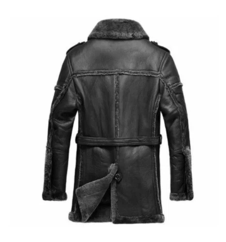 Men's Sheepskin Shearling Long Coat Retro Leisure Bomber Real Leather Overcoat - Image 4 of 4