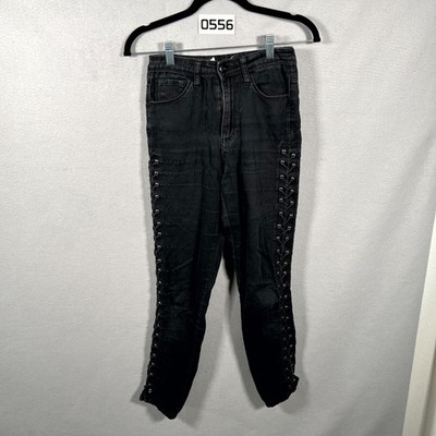 Mono B Jeans Womens 1 Black Denim Criss Cross Side Dark Wash Tapered Leg Casual