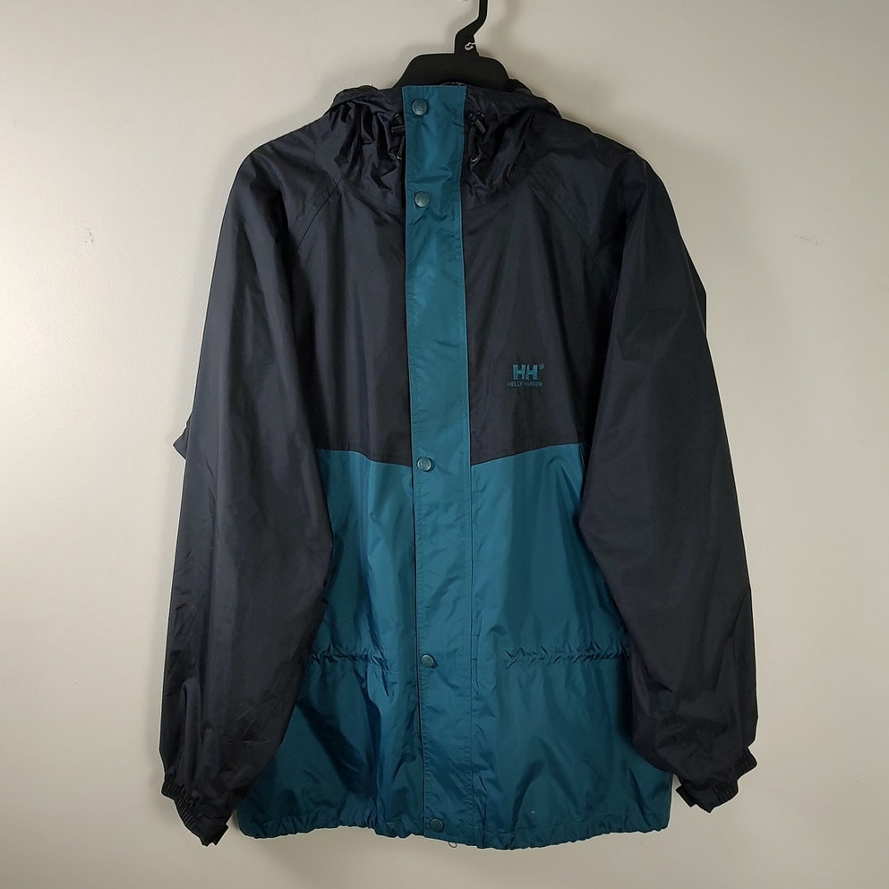 Y2K Helly Hansen black teal green streetwear windbreaker jacket mens size L tall