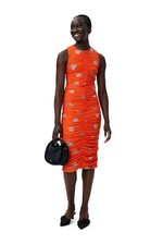 Ganni Ruched Midi Dress Orange Floral Mesh Women’s Size 32 Sm/XS Sleeveless NWT