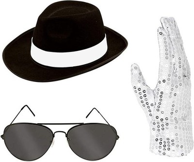 Erwachsene 80er Jahre Popstar Kostüm Zubehör MJ Hut Sonnenbrille Pailletten Handschuhe
