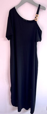 Shein Curve 0XL Black Asymmetric One Shoulder Dress Gold Detail Stretch 097