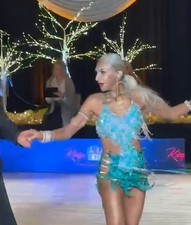 Latin Dance Competition Dress Size S, Emerald Lace And Rhyne Stones