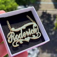 Custom Name Heart Cuban Chain Necklace Pendant Cursive Jewelry Gold Silver Gift