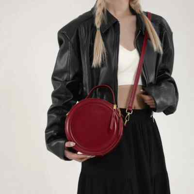 Women Round Tote Bag PU Leather Shoulder Bag Crossbody Bag
