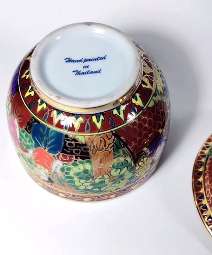 Thai Benjarong Porzellan Schüssel mit Deckel 5" Thai Figuren Goldbesatz + Geschenkbox - Bild 6 von 8