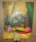 Vintage Oil Painting Still Life Farm Table Composition Wine & Vegetables 20x16