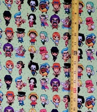 ONE PIECE CHIBI ANIME GREEN  FABRIC (HALF-YARD OR 1-YARD)