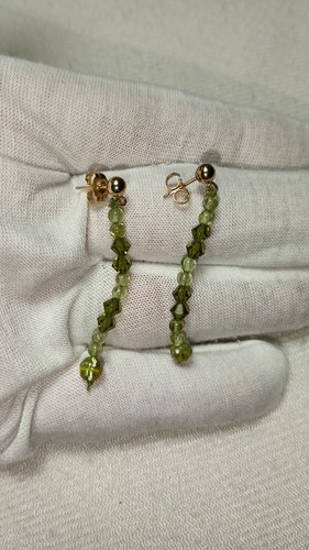 14k Yellow Gold Green Peridot Pearl Crystal Post Stud Dangle Beaded Earrings - Picture 2 of 8