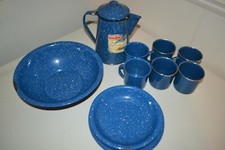 Vintage Texsport Enameled Porcelain Blue White Specked Metal Camping Dish 15 Pcs