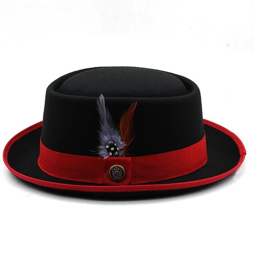 Men Pork Pie Bowler Hat Dad Flat Fedora Gambler Feather Dance Jazz Cap Lady - Picture 20 of 23