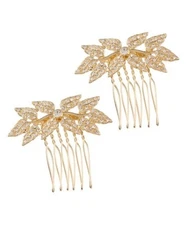 David Tutera Bridal Hair Comb Gold Metal Leaves with Crystal Rhinestones - NEW