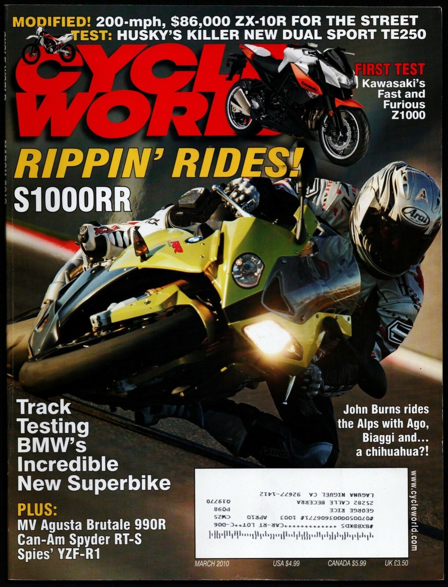 MARCH 2010 CYCLE WORLD MAGAZINE, JOHN BURNS, BMW S1000RR, KAWASAKI