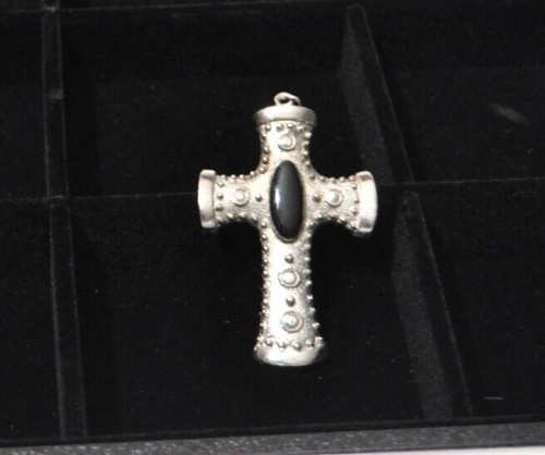 Cross Silvertone with Black Stone Pendant 2.75 x 1.75
