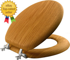 Mayfair Natural Oak Veneer Toilet Seat with Chrome Hinges Round Wood