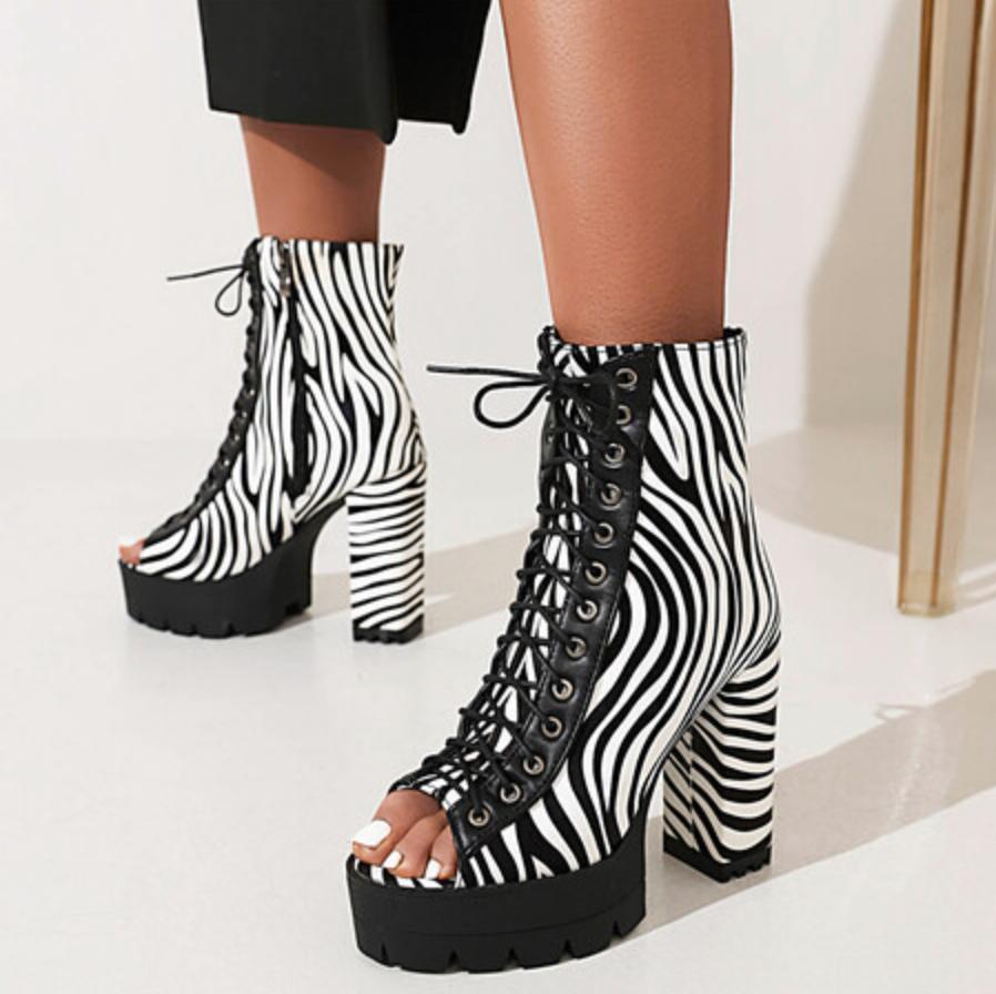 Women Fashion Snakeskin Peep Toe High Top Ankle Boots High Block