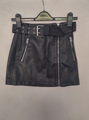 TOPSHOP PETITE UK4 Black Faux Leather Mini A-Line Zip Up Skirt