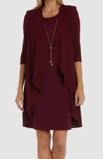 R M Richards Women's Red Metallic Ribbed Jacket Necklace Dress Set Size 12