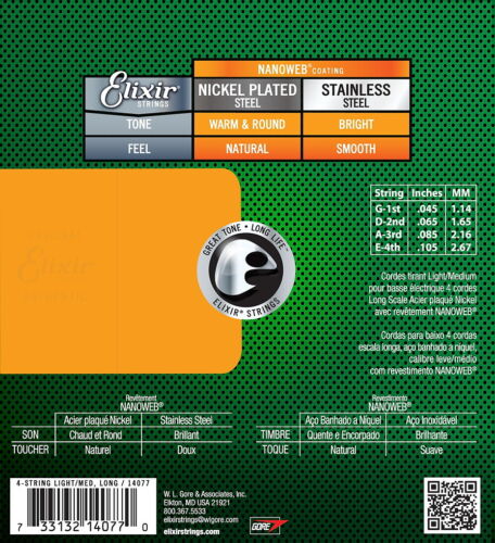 Elixir 14077 Nanoweb Corde Bassi Elettriche Nichel, Leggero/Medio 45-105 - Foto 3 di 3