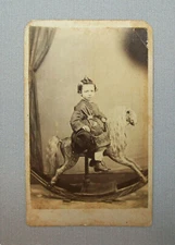 Old Antique Vtg 19th C 1860s CDV Photo Young Boy Large Rocking Horse Very Nice