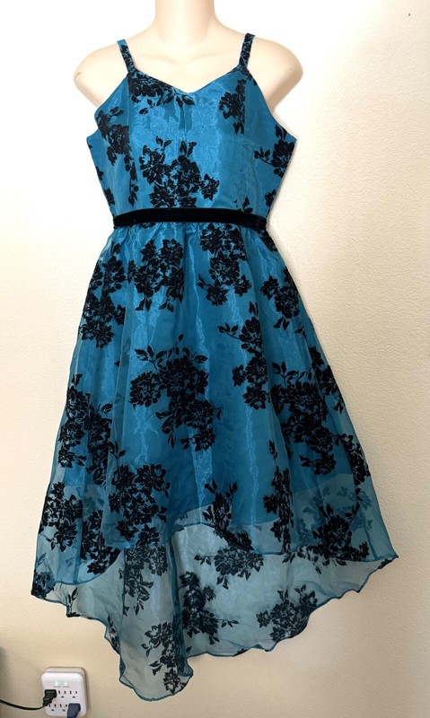 Rare Editions Girls Blue Black Sweetheart Neck High Low Hem Fit Flare Dress 16