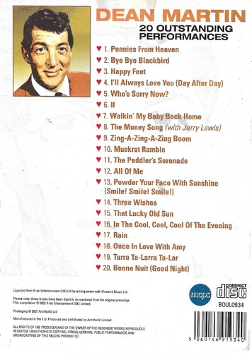 DEAN MARTIN ~ 20 OUTSTANDING PERFORMANCES - 20 TRACK CD ALBUM - Imagen 2 de 2