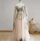 Off the Shoulder Wedding Dress Florals Fabric A Line Light Champagne Bridal Gown
