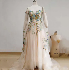 Off the Shoulder Wedding Dress Florals Fabric A Line Light Champagne Bridal Gown