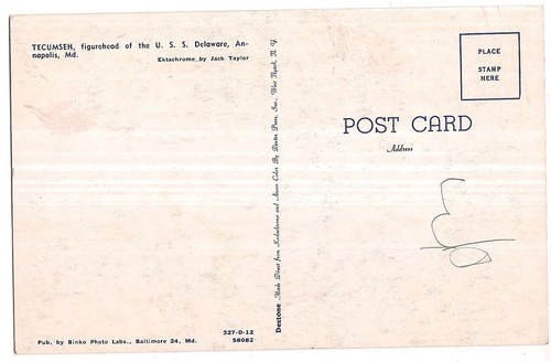 TECUMSEH Of USS Delaware US Naval Academy Annapolis Maryland MD Postcard - Picture 2 of 2