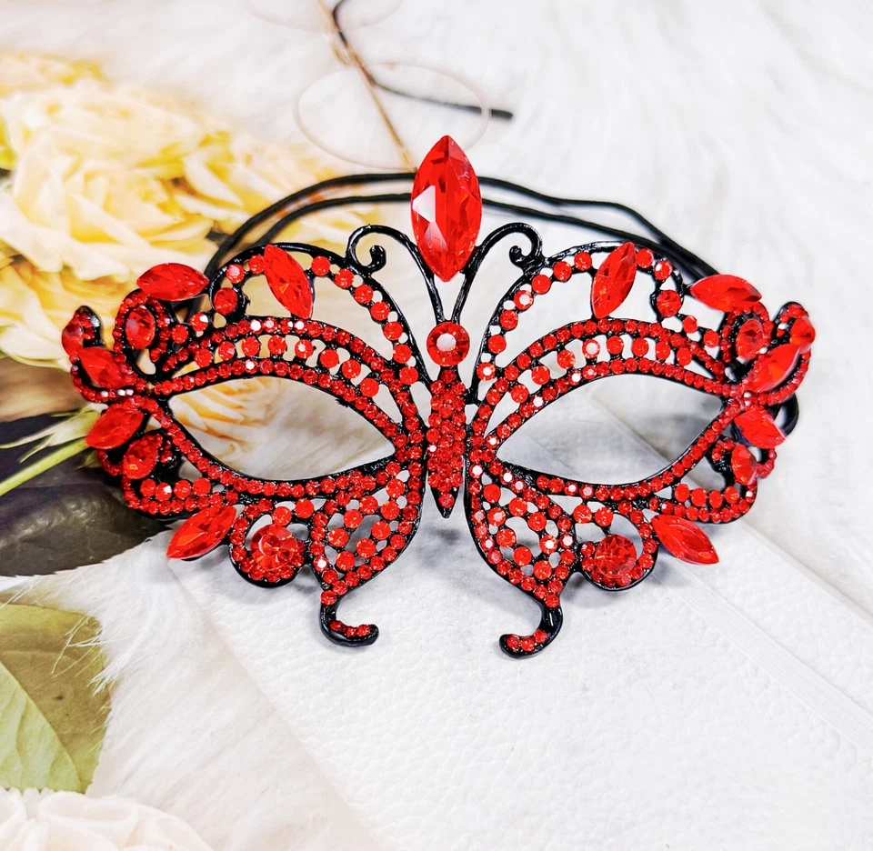 Red Crystal Masquerade Mask, Black Mask, Party Mask, Wedding Mask, Venetian Mask - Image 3 of 4