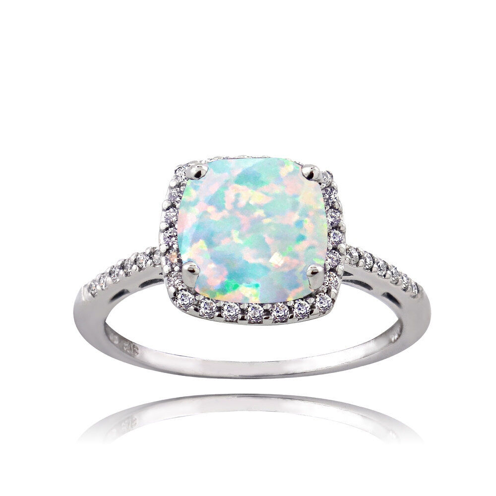 Sterling Silver Blue Cushion Square Created Opal and CZ Halo Ring Sterling Silver Blue Cushion Square Created Opal and CZ Halo Ring