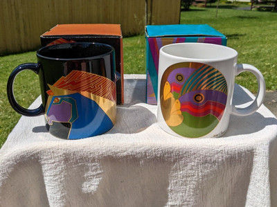 2 VTG Laurel Burch Mugs: WILD STALLIONS & CARIBBEAN COCKATOOS 12oz NIB