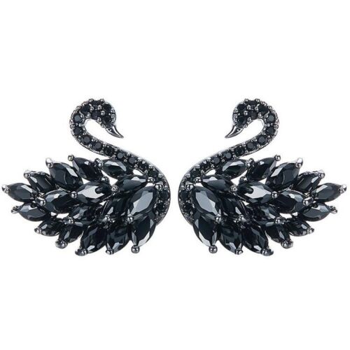 925 Sterling Silver Elegant Black Swan Design Black Onyx Gems Stud Hook Earrings - Picture 2 of 6
