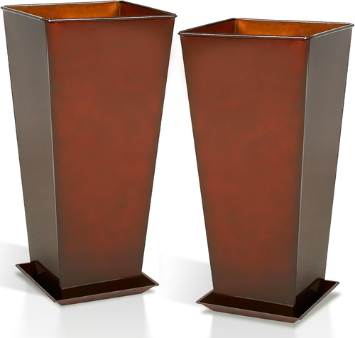 Set of 2 Large 25" Metal Glazed Planters – Tall Square Tapered Steel Plant Pots,